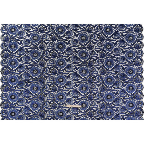 Raschel Lace Panel with Finished Edges - Black and Blue Bold Daisies and Leaves