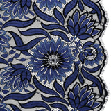 Raschel Lace Panel with Finished Edges - Black and Blue Bold Daisies and Leaves