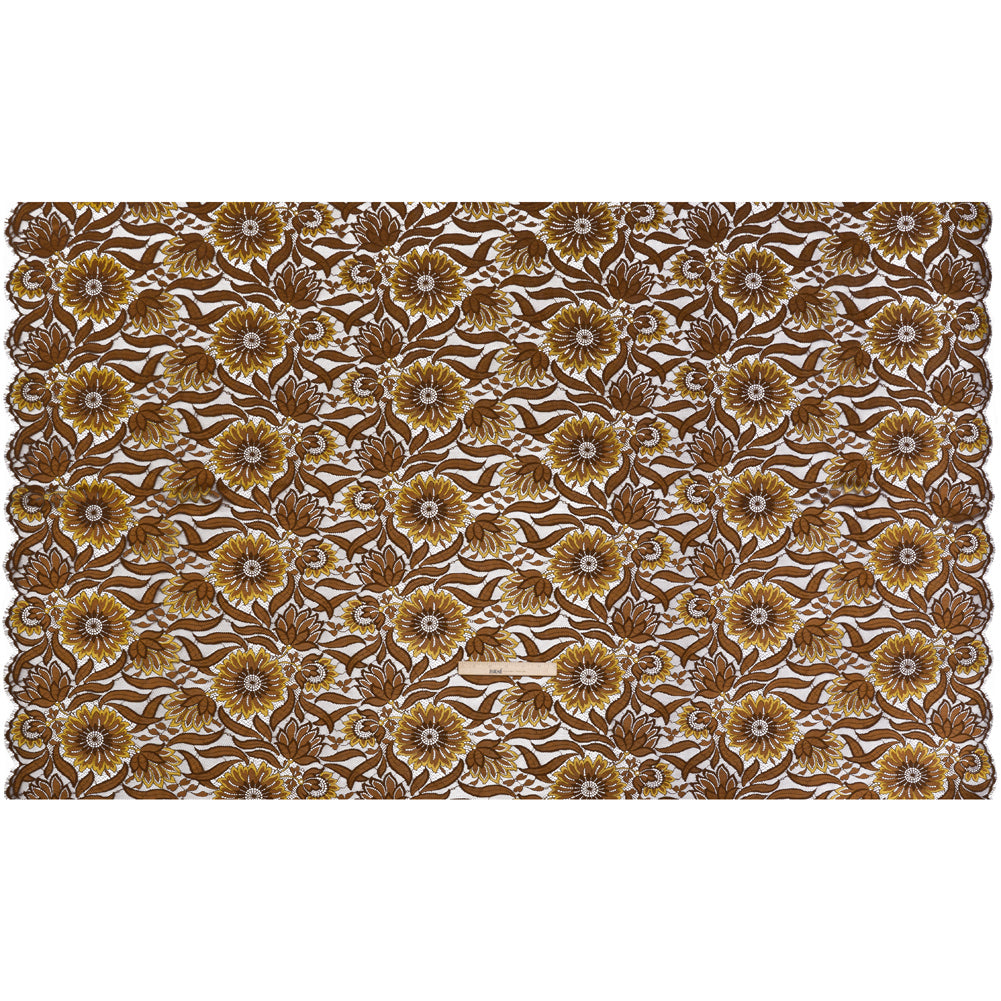 Raschel Lace Panel with Finished Edges - Chestnut, Brown, and Buttercup Bold Daisies and Leaves