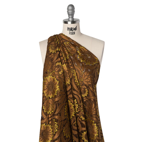 Raschel Lace Panel with Finished Edges - Chestnut, Brown, and Buttercup Bold Daisies and Leaves