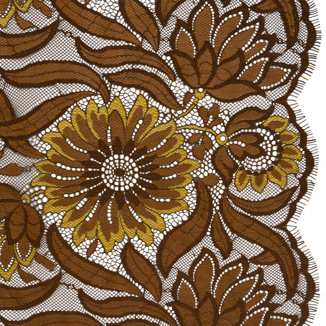 Raschel Lace Panel with Finished Edges - Chestnut, Brown, and Buttercup Bold Daisies and Leaves