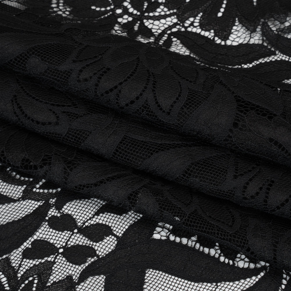 Raschel Lace Panel with Finished Edges - Black Bold Daisies and Leaves