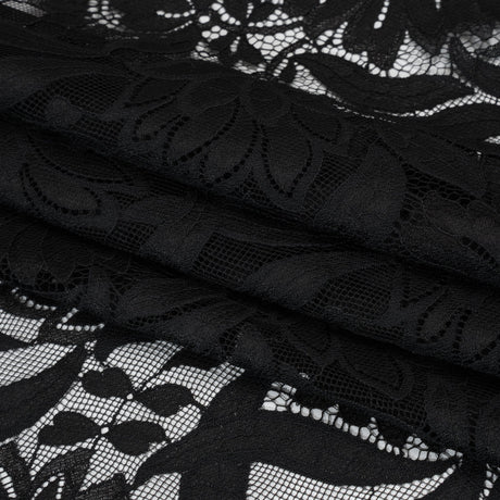 Raschel Lace Panel with Finished Edges - Black Bold Daisies and Leaves
