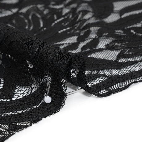 Raschel Lace Panel with Finished Edges - Black Bold Daisies and Leaves