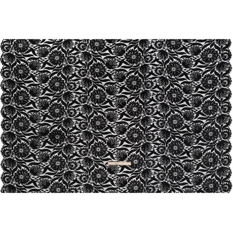 Raschel Lace Panel with Finished Edges - Black Bold Daisies and Leaves