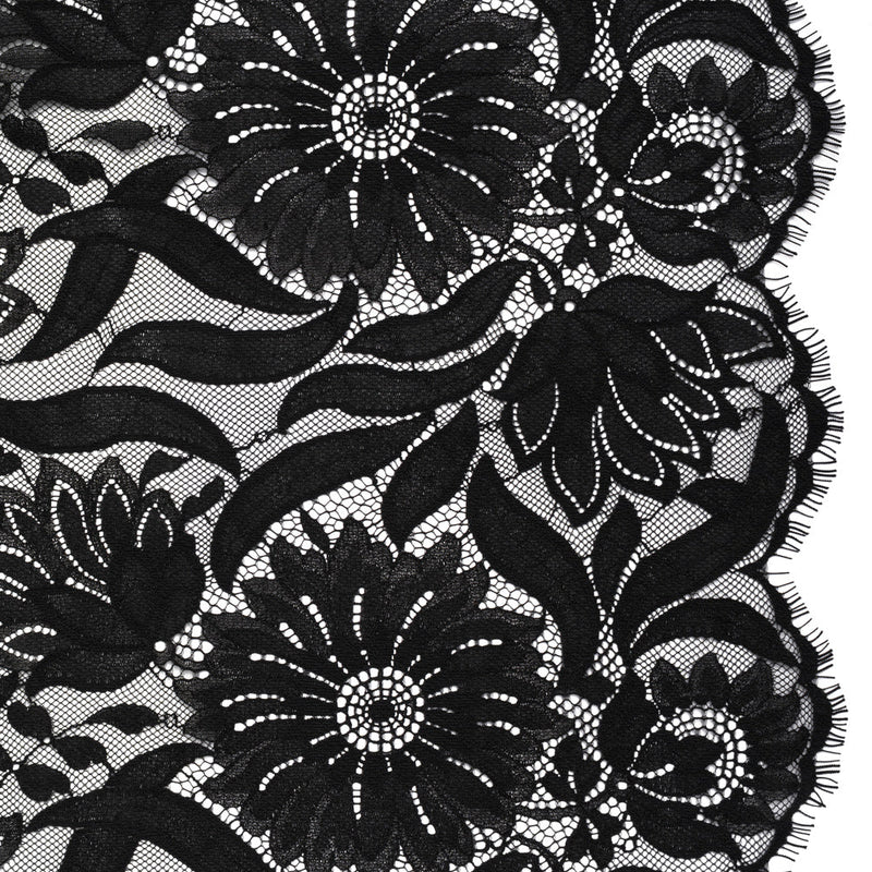 Raschel Lace Panel with Finished Edges - Black Bold Daisies and Leaves