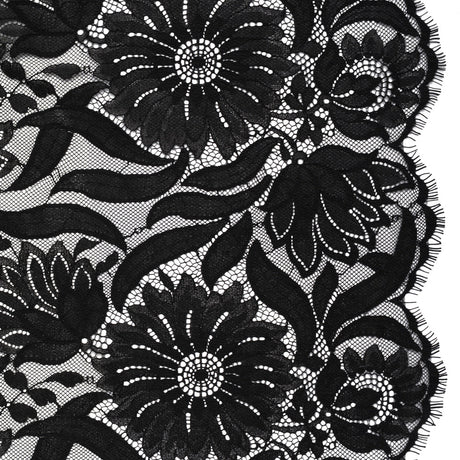 Raschel Lace Panel with Finished Edges - Black Bold Daisies and Leaves