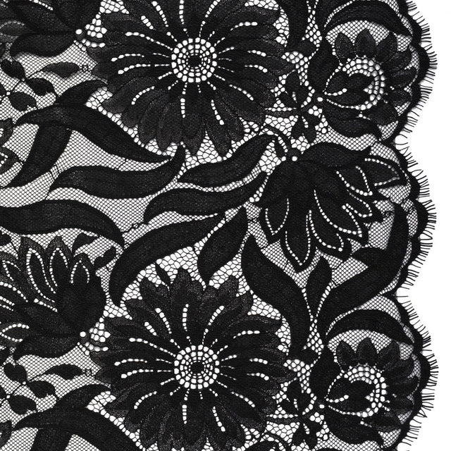 Raschel Lace Panel with Finished Edges - Black Bold Daisies and Leaves