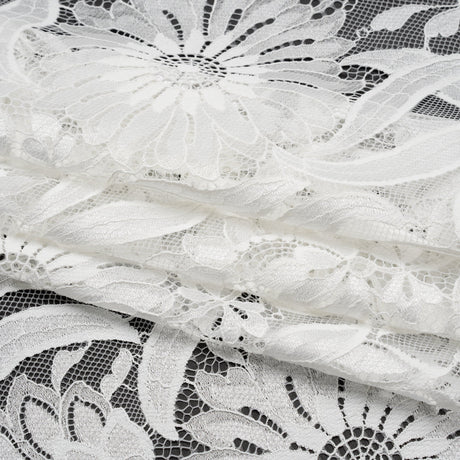Raschel Lace Panel with Finished Edges - Ivory Bold Daisies and Leaves