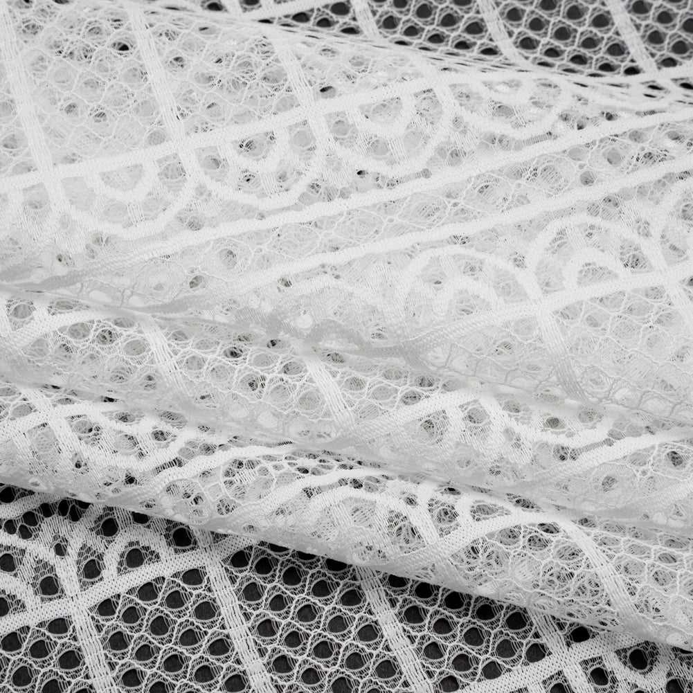 Raschel Lace Panel with Finished Edges - Ivory Geometric Rows of Windows