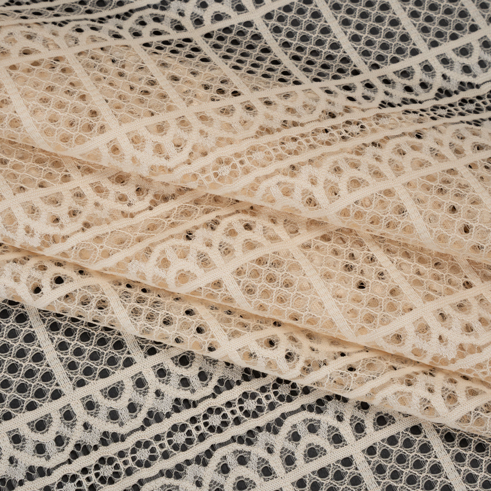 Raschel Lace Panel with Finished Edges - Tea Stain Geometric Rows of Windows