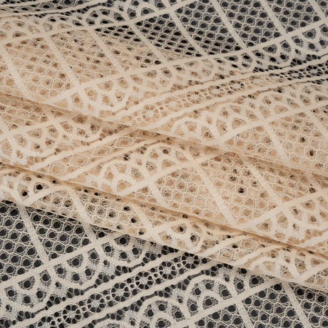 Raschel Lace Panel with Finished Edges - Tea Stain Geometric Rows of Windows