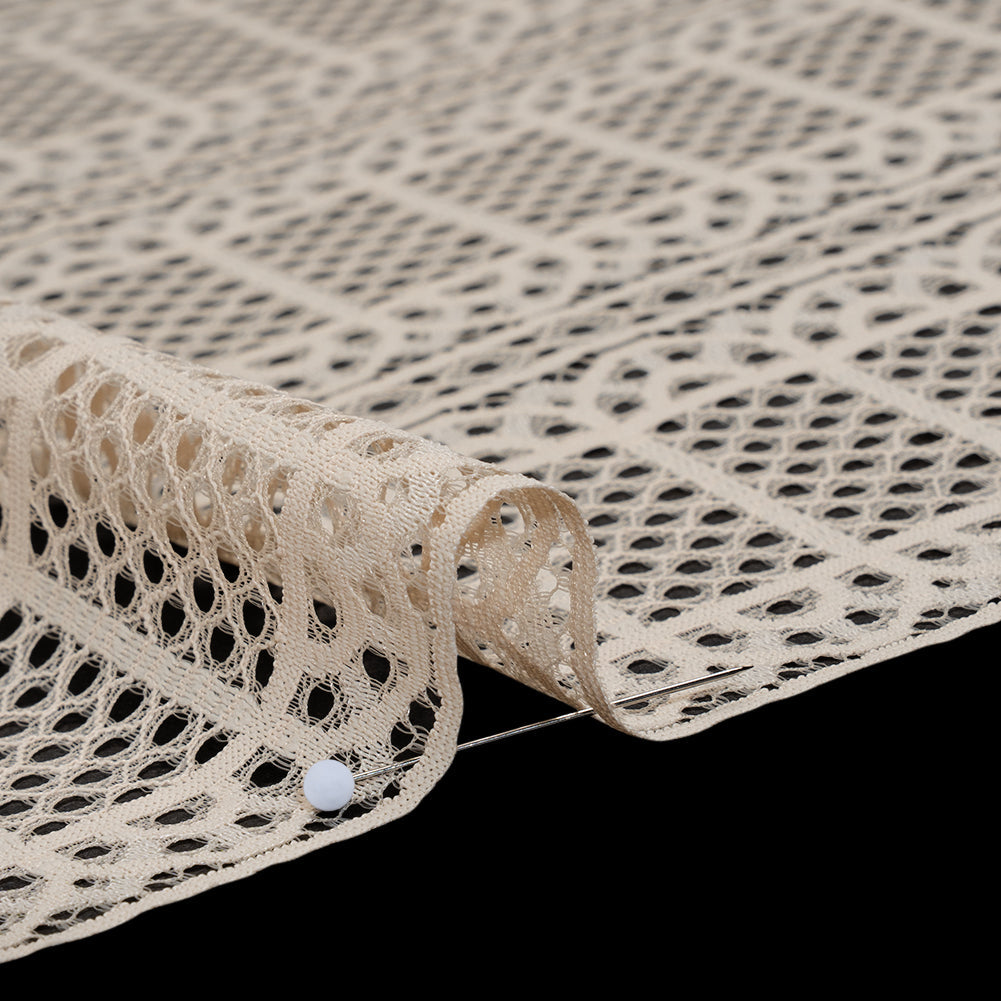 Raschel Lace Panel with Finished Edges - Tea Stain Geometric Rows of Windows