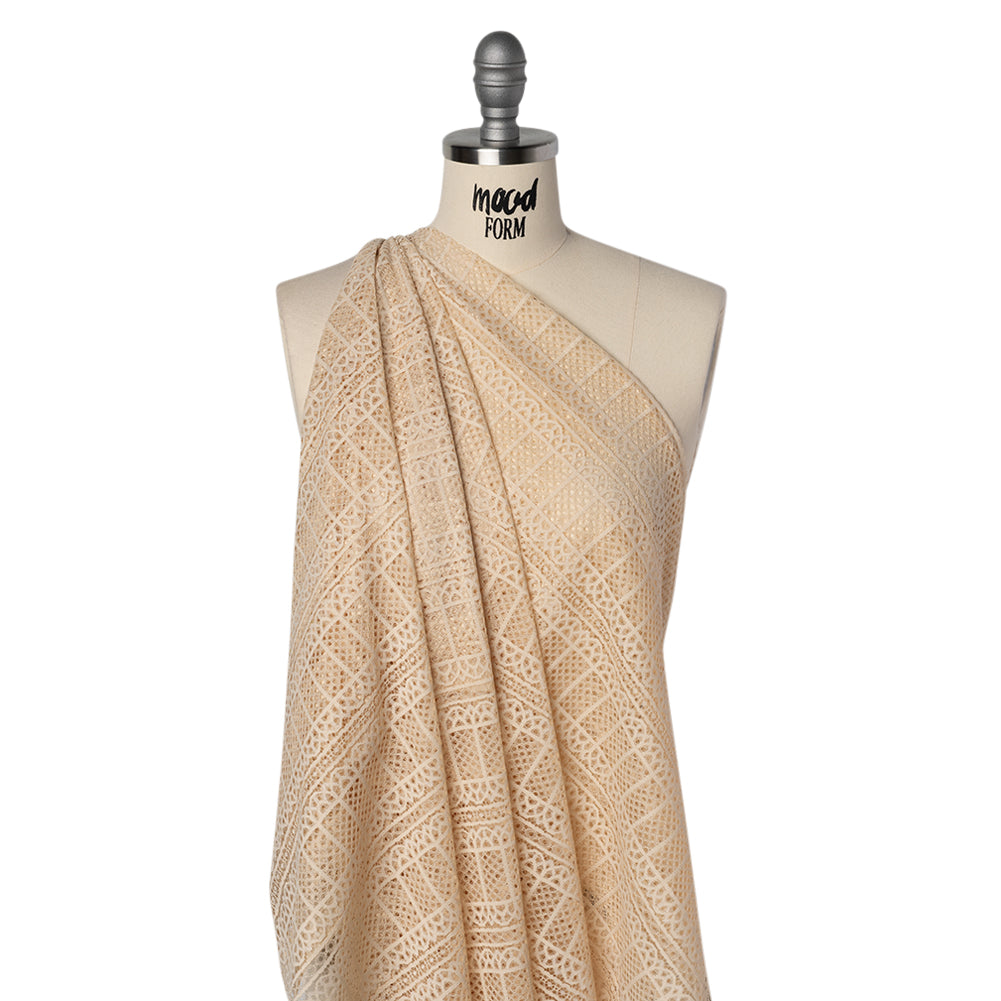 Raschel Lace Panel with Finished Edges - Tea Stain Geometric Rows of Windows