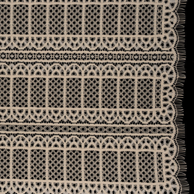 Raschel Lace Panel with Finished Edges - Tea Stain Geometric Rows of Windows