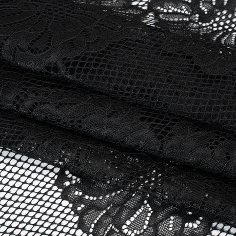 Corded Raschel Lace Panel with Finished Edges - Black Big Flowers on Diamond Net