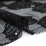 Corded Raschel Lace Panel with Finished Edges - Black Big Flowers on Diamond Net