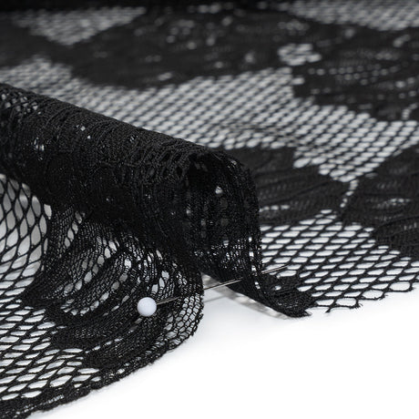 Corded Raschel Lace Panel with Finished Edges - Black Big Flowers on Diamond Net