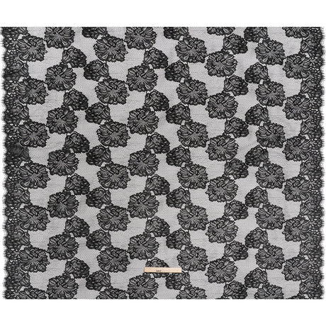 Corded Raschel Lace Panel with Finished Edges - Black Big Flowers on Diamond Net