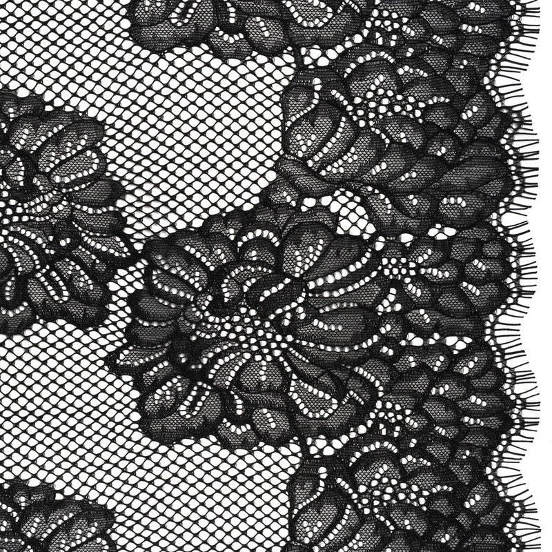 Corded Raschel Lace Panel with Finished Edges - Black Big Flowers on Diamond Net