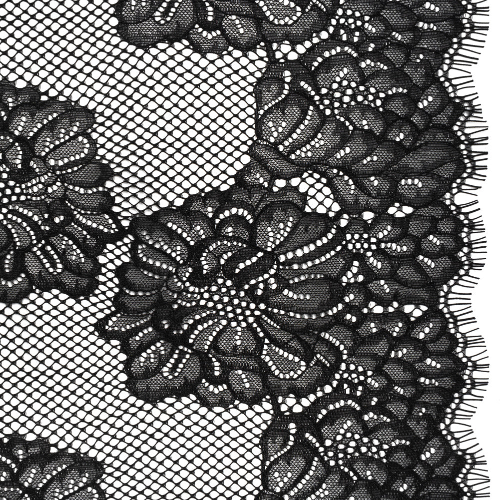 Corded Raschel Lace Panel with Finished Edges - Black Big Flowers on Diamond Net