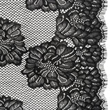 Corded Raschel Lace Panel with Finished Edges - Black Big Flowers on Diamond Net