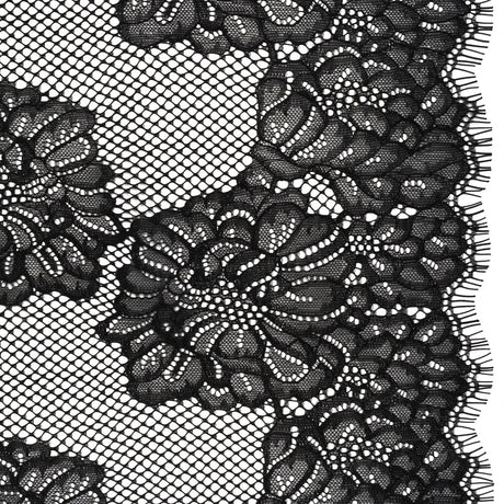 Corded Raschel Lace Panel with Finished Edges - Black Big Flowers on Diamond Net