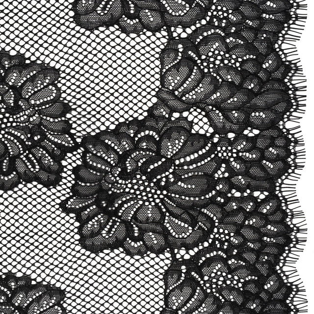 Corded Raschel Lace Panel with Finished Edges - Black Big Flowers on Diamond Net