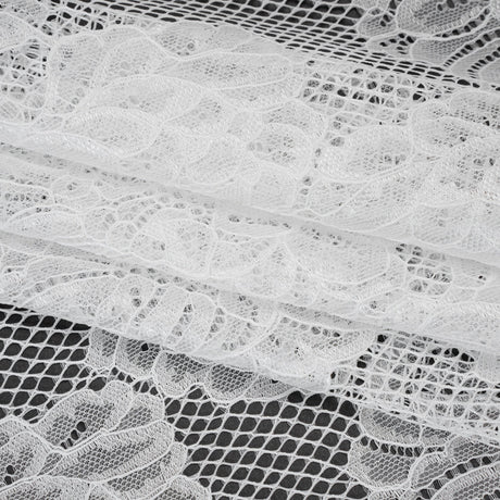 Corded Raschel Lace Panel with Finished Edges - Ivory Big Flowers on Diamond Net