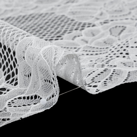 Corded Raschel Lace Panel with Finished Edges - Ivory Big Flowers on Diamond Net