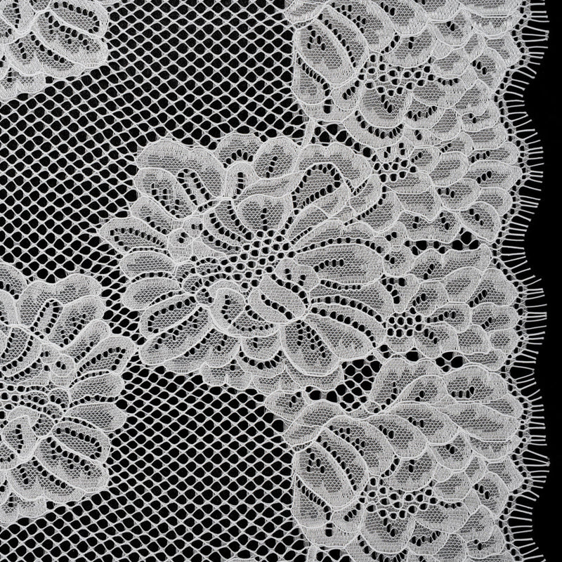 Corded Raschel Lace Panel with Finished Edges - Ivory Big Flowers on Diamond Net