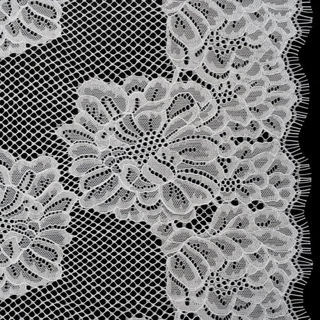 Corded Raschel Lace Panel with Finished Edges - Ivory Big Flowers on Diamond Net