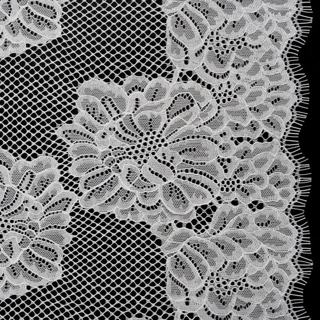 Corded Raschel Lace Panel with Finished Edges - Ivory Big Flowers on Diamond Net