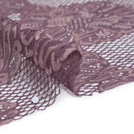 Corded Raschel Lace Panel with Finished Edges - Plum and Burnished Lilac Big Flowers on Diamond Net