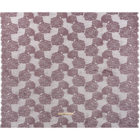 Corded Raschel Lace Panel with Finished Edges - Plum and Burnished Lilac Big Flowers on Diamond Net