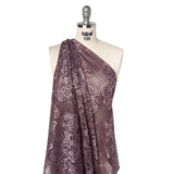 Corded Raschel Lace Panel with Finished Edges - Plum and Burnished Lilac Big Flowers on Diamond Net