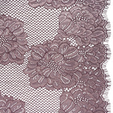 Corded Raschel Lace Panel with Finished Edges - Plum and Burnished Lilac Big Flowers on Diamond Net