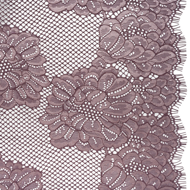Corded Raschel Lace Panel with Finished Edges - Plum and Burnished Lilac Big Flowers on Diamond Net
