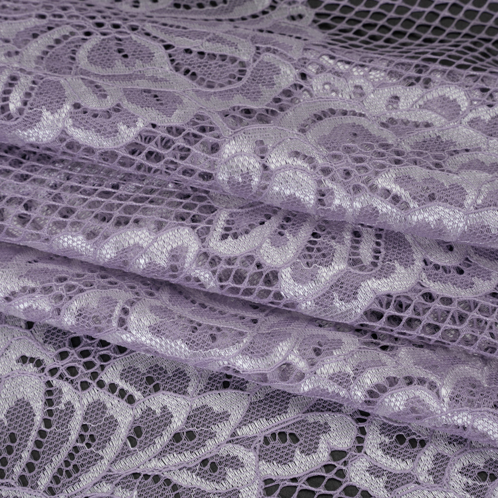 Corded Raschel Lace Panel with Finished Edges - Lavender and Ivory Big Flowers on Diamond Net