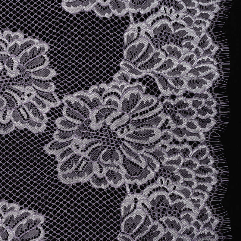 Corded Raschel Lace Panel with Finished Edges - Lavender and Ivory Big Flowers on Diamond Net
