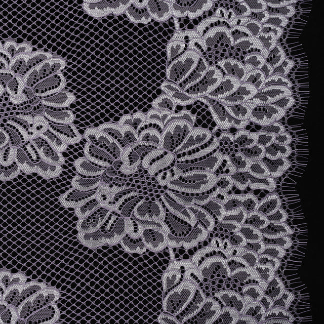 Corded Raschel Lace Panel with Finished Edges - Lavender and Ivory Big Flowers on Diamond Net