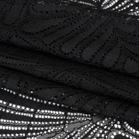 Corded Raschel Lace Panel with Finished Edges - Black Fan Palm Scallops