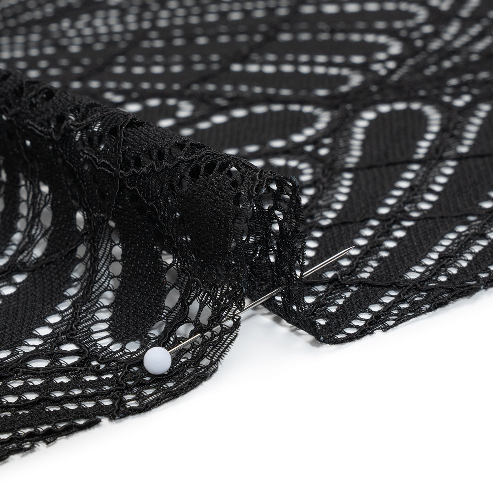 Corded Raschel Lace Panel with Finished Edges - Black Fan Palm Scallops