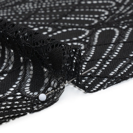 Corded Raschel Lace Panel with Finished Edges - Black Fan Palm Scallops
