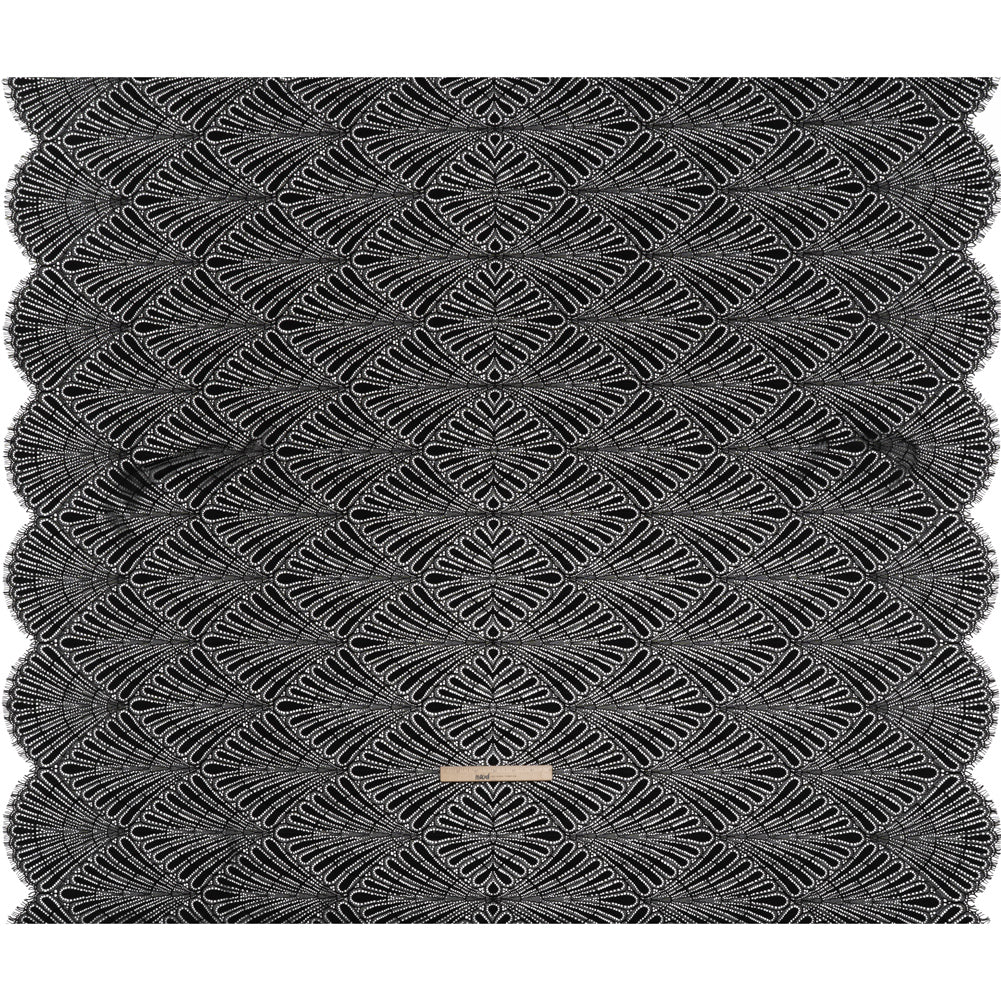 Corded Raschel Lace Panel with Finished Edges - Black Fan Palm Scallops