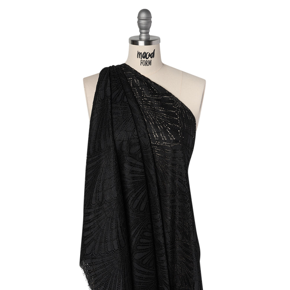 Corded Raschel Lace Panel with Finished Edges - Black Fan Palm Scallops