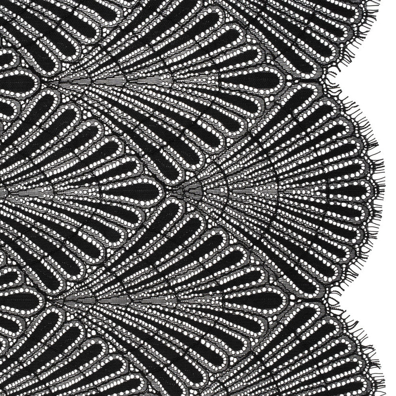 Corded Raschel Lace Panel with Finished Edges - Black Fan Palm Scallops