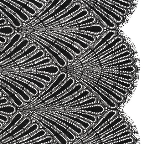 Corded Raschel Lace Panel with Finished Edges - Black Fan Palm Scallops