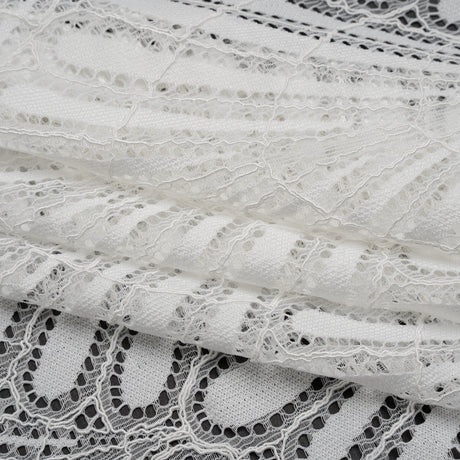 Corded Raschel Lace Panel with Finished Edges - Ivory Fan Palm Scallops