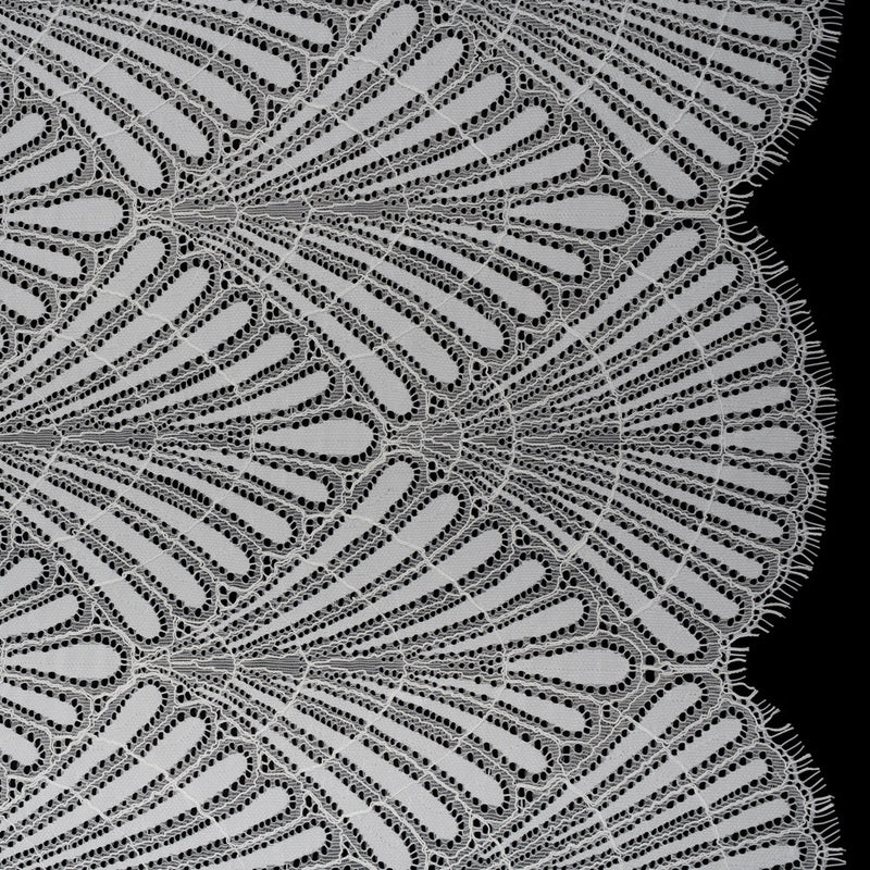 Corded Raschel Lace Panel with Finished Edges - Ivory Fan Palm Scallops